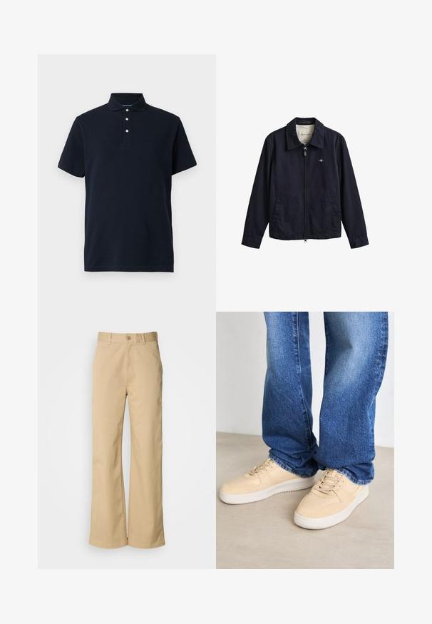 Chaqueta azul marino con cremallera, cuello, dos bolsillos delanteros y pequeño logo bordado en el pecho, etiquetada GANT en el interior del cuello.; Polo de manga corta azul marino con cuello y tres botones blancos en la tapeta, mostrado sobre un fondo liso.; Pantalones beige de pierna ancha, hechos de una mezcla de algodón. Presentan un cierre de botón y trabillas para cinturón. Textura suave, con detalles de costura mínimos.; Zapatillas beige con textura suave, detalles perforados y suela de goma blanca, combinadas con pantalones vaqueros azul denim.