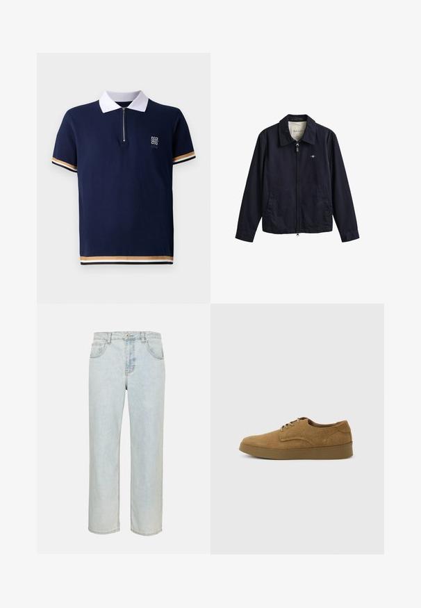 Marineblauwe jas met rits en kraag, twee voorzakken en een klein geborduurd logo op de borst, met GANT-label aan de binnenkant van de kraag.; Marineblauw polo shirt met witte kraag, kwart-rits ontwerp en gestructureerde stof. Beschikt over gestreepte accenten in goud en wit op de mouwen.; Lichtblauwe recht pijp denim jeans met voorzakken, riemlussen en knoopsluiting op een effen achtergrond.; Bruine suède veterschoen voor vrijetijdskleding met een platte rubberen zool, zijaanzicht tegen een eenvoudige lichte achtergrond.