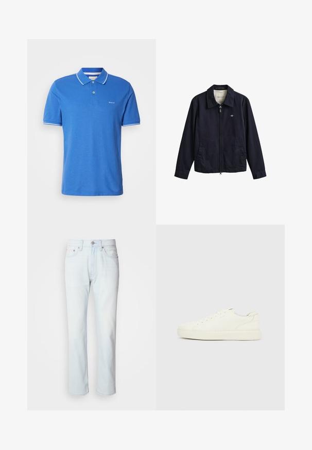Marineblaue Reißverschlussjacke mit Kragen, zwei Fronttaschen und kleinem gesticktem Logo auf der Brust, innen am Kragen mit GANT-Label.; Blaues Poloshirt aus Baumwolle mit klassischem Kragen. Verfügt über weiße Akzente an den Ärmeln, ein Logo auf der Brust und eine Knopfleiste.; Hellblaue Jeans mit geradem Bein. Verfügt über einen Knopfverschluss und Gürtelschlaufen, präsentiert eine ausgebleichte Textur und minimale Nähte.; Weißer Sneaker in niedriger Ausführung mit Schnürverschluss, glattem Lederobermaterial und dicker Gummisohle, von der Außenseite vor einem einfarbigen Hintergrund gezeigt.