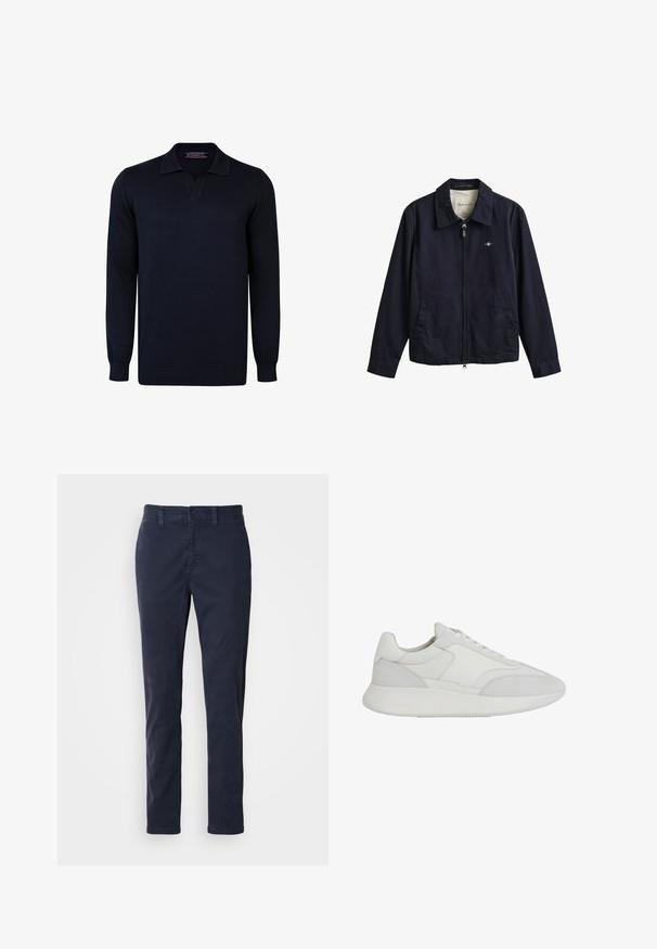 Marineblaue Reißverschlussjacke mit Kragen, zwei Fronttaschen und kleinem gesticktem Logo auf der Brust, innen am Kragen mit GANT-Label.; Marineblauer Pullover mit Polokragen, langen Ärmeln und gerippten Bündchen. Hergestellt aus glattem, gestricktem Stoff ohne Muster oder metallische Akzente.; Marineblaue, slim-fit Baumwollhosen mit Gürtelschlaufen und Knopfverschluss, vor einem weißen Hintergrund präsentiert.; Weißer Sneaker mit niedrigem Schaft, Schnürverschluss, glatten und Velourslederpaneelen sowie dicker Gummisohle, von der Außenseite gezeigt.