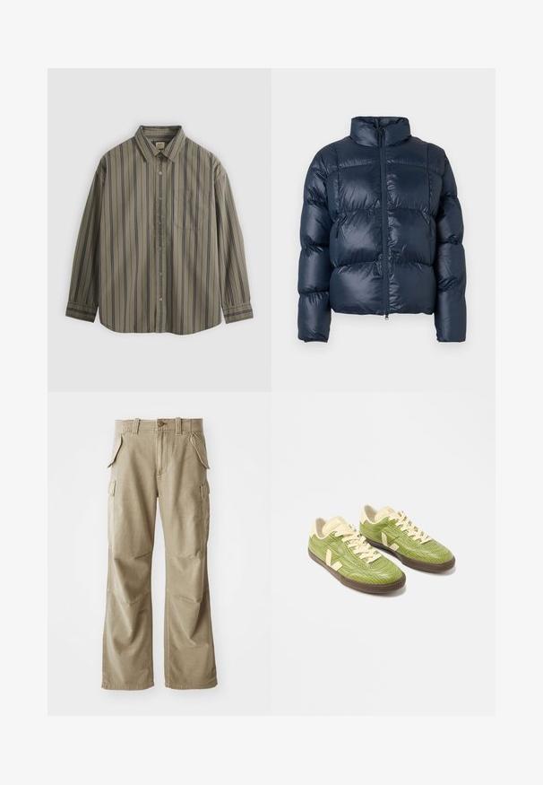 Doudoune bleu marine avec un col montant, design matelassé épais, fermeture éclair à l'avant et texture lisse et brillante.; Chemise kaki à manches longues avec boutons, rayures verticales bleu marine et une poche poitrine, étalée à plat sur un fond gris.; Pantalons cargo beiges en tissu résistant, avec une coupe décontractée, plusieurs poches latérales et des genoux renforcés. Design à l'avant plat.; Paire de baskets basses vertes avec lacets crème, languettes de talon beige et semelles en caoutchouc marron foncé sur fond blanc.