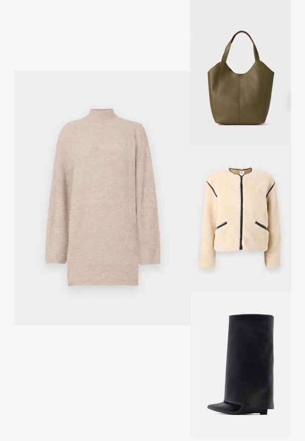Beige keinotekoinen turkistakki, jossa on pyöreä kaula-aukko, etuosa vetoketjulla, mustat yksityiskohdat sivuilla ja kaksi sivutaskua. Pehmeä, teksturoitu materiaali.; Beige korkeakauluksinen neule, jossa on tiputetut olkasaumat, valmistettu ribbikudotusta materiaalista. Rennon mallinen, pitkähihaiset ja sileä pinta.; Musta nahkainen nilkkapituiset saappaat, joissa on korkea sylinterimäinen varsi, terävä kärki ja matala litteä korko, sileä pinta ja minimalistinen muotoilu.; Oliivivärinen nahkakassi, jossa on kaksoisremmit, sileä pinta ja neljän paneelin muotoilu. Vahvistettu ompelu saumoissa kestävyyden takaamiseksi.