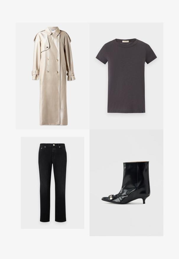 Manteau beige en matériau satiné, avec un devant croisé, de grands boutons, de larges revers et des manches ajustables à poignets.; rag & bone THE SLUB - T-shirt basique - greystone; Jean noir à jambe droite avec cinq poches, fermeture à bouton et passants pour ceinture, présenté sur un fond blanc.; Bottine en cuir noir avec bout pointu, petit talon kitten bas et boucle décorative en argent sur le côté près de l'orteil.