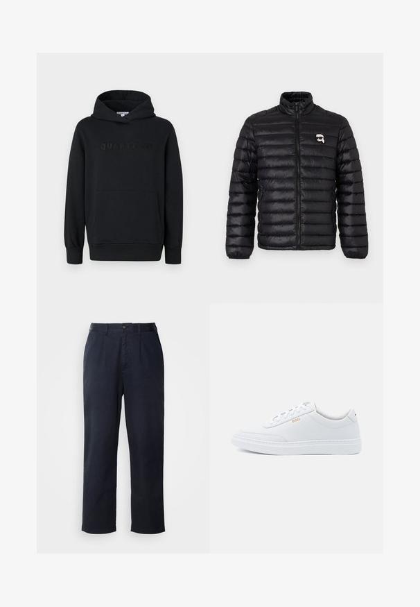 Doudoune noire avec col montant, matelassage horizontal et logo sur la poitrine. Fabriquée en matériau brillant avec des poignets élastiques et une fermeture éclair.; Sweat à capuche noir, tissu doux, design à enfiler, poche kangourou à l'avant, logo "QUARTZ CO" en relief sur la poitrine, poignets et ourlet côtelés.; Pantalon en coton bleu marine foncé à coupe droite, avec un pli avant, des passants de ceinture et une fermeture à un bouton à la taille.; Baskets blanches en cuir avec une texture lisse, bout rond et coutures tonales. Possède des lacets bleus et un logo doré sur le côté.