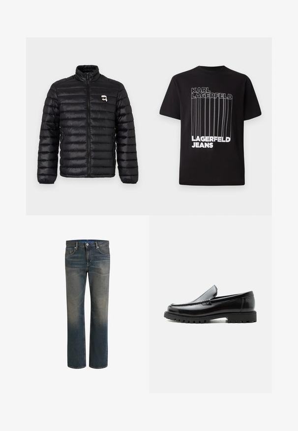 Zwarte pufferjack met een hoge kraag, horizontale quiltsteken en een logo op de borst. Gemaakt van glanzend materiaal met elastische manchetten en ritssluiting.; Zwarte T-shirt van katoen met witte blokletters "KARL LAGERFELD" en "LAGERFELD JEANS" en verticale lijn details; standaard ronde hals.; Donkere blauwe denim jeans met een vervaagde gradient, rechte pijpen, vijf-pocket stijl, sluiting met metalen knoop en rits, en contrasterende stiksels.; Zwarte leren loafer met dikke rubberen zool, gestikte bovenkant en gegraveerde merknaam op de hiel, zijaanzicht op witte achtergrond.