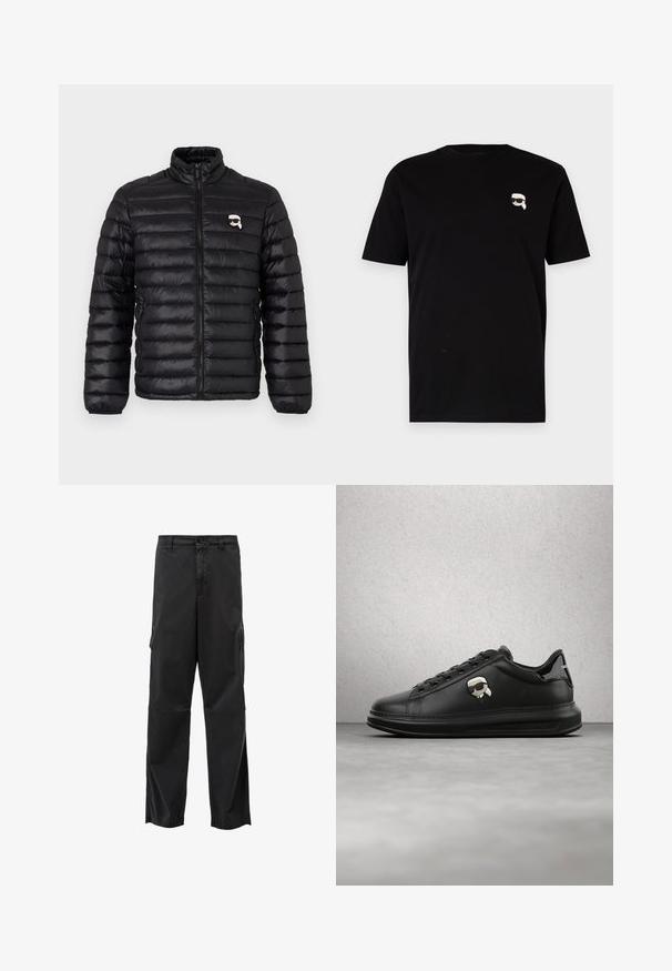 Schwarze Daunenjacke mit hohem Kragen, horizontaler Steppung und Brustlogo. Hergestellt aus glänzendem Material mit elastischen Bündchen und Reißverschluss.; Schwarzes Baumwoll-T-Shirt mit kurzen Ärmeln, das auf der linken Brust ein kleines weißes Grafik eines Charakters mit Brille zeigt. Klassisches Rundhals-Design.; Schwarze Cargo-Hosen mit geradem Schnitt, Knopfverschluss und Seitentaschen. Glatter Stoff mit mattem Finish und ohne sichtbare Muster.; Person trägt schwarze Lederhosen und schwarze Sneakers mit einem kleinen Comic-Charakter-Anhänger an der Seite, steht auf einem Holzboden.