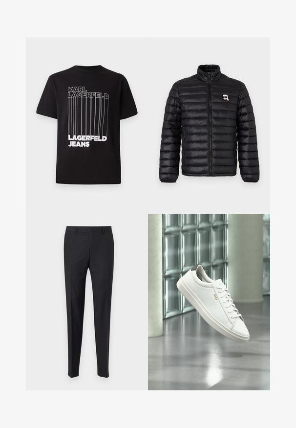Sort pufferjakke med høj krave, horisontal quiltning og et logo på brystet. Lavet af skinnende materiale med elastiske manchetter og lynlåslukning.; Sort T-shirt lavet af bomuld, der har hvid bloktekst "KARL LAGERFELD" og "LAGERFELD JEANS" med vertikal linjedetalje; standard rund hals.; Sorte habitbukser med tætsiddende pasform, glat front og læg; lavet af glat stof med bæltestropper og lynlås.; Hvid læder lav-top sneaker med snørebånd, sort hælflig og "BOSS"-logo, svævende indendørs nær glasblok væg og poleret gulv.
