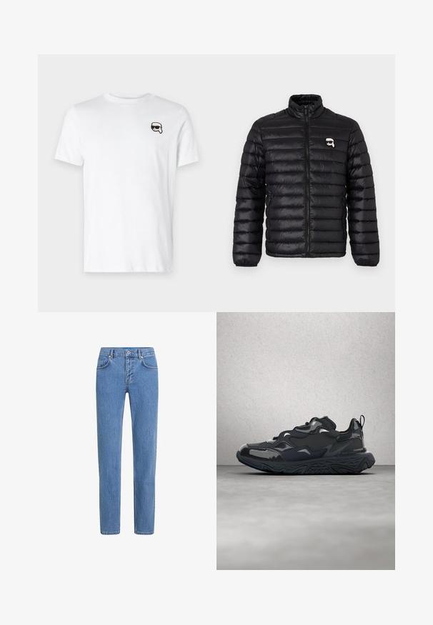 Must have ülikerge must puffer jakk, millel on kõrge krae, horisontaalne tikand ja rinna logo. Valmistatud läikivast materjalist, mis on varustatud painduva sõrmedega ja tõmbluku sulgemisega.; Valge puuvillane T-särk, mille vasakul rinnal on väike must-valge graafika. Klassikaline ümmargune kaelus ja lühikesed varrukad.; Heled sinine teksariie sirge sääre disainiga, viie tasku ja nööbikinnitusega. Kangas on tekstuurse pinnaga ja kerge pleekimisega.; Mustast jooksujalatsist, millel on tekstuuriga ülemine osa, sujuvad detailid ja jäme tald lainelise mustriga, loodud mugavuse ja vastupidavuse tagamiseks.
