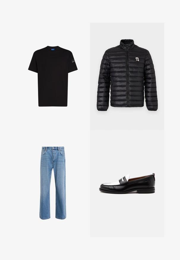 Must have ülikerge must puffer jakk, millel on kõrge krae, horisontaalne tikand ja rinna logo. Valmistatud läikivast materjalist, mis on varustatud painduva sõrmedega ja tõmbluku sulgemisega.; Must must t-särk lühikeste varrukatega, ümmarguse kaelusega ja väike silt vasakul varrukal. Sile tekstuur, tavaline lõige.; Heledad sinine teksapüksid otse lõikega, viie taskuga, nupuga sulgemine, minimaalne kulumine ja kontrastsed õmbluse detailid.; Must-valge nahast loafer, õmmeldud detailide, madala kontsa ja libisemisdisainiga, näidatud külgvaates tavalise tausta peal.