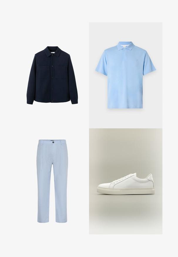 Veste en polaire bleu marine avec fermeture à boutons, col pointu et deux poches poitrine, au toucher lisse et au design simple.; Polo shirt bleu clair en coton, avec un col classique, des manches courtes et un logo discret sur la poitrine. Texture lisse.; Pantalons en lin bleu clair avec une coupe droite, des plis avant et une fermeture à un bouton. Texture lisse et sans motifs visibles.; Baskets blanches basses à lacets sur l’avant et semelle épaisse, vues de côté sur un fond neutre.