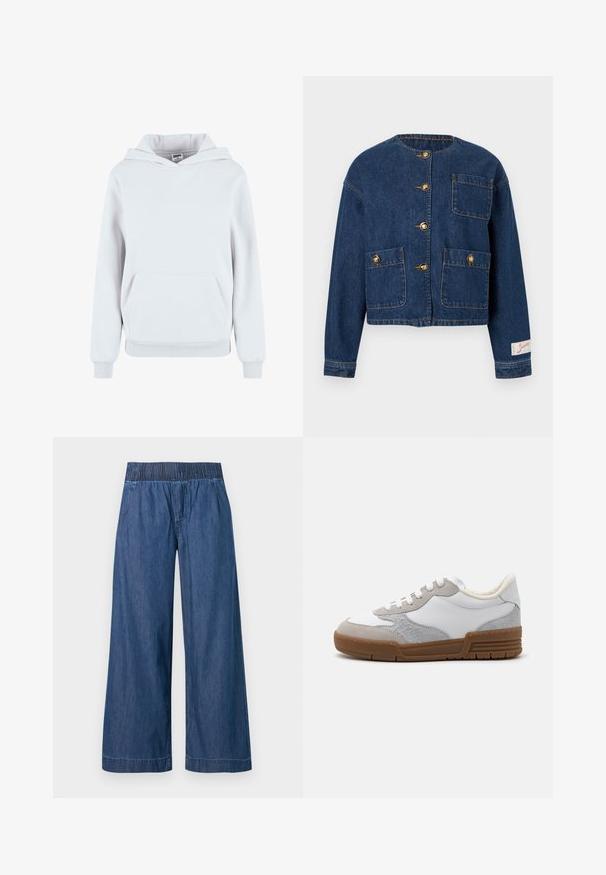 Donkerblauwe denimjas met ronde halslijn, vier gouden knopen als sluiting, drie voorzakken en een klein stoffen label op de mouwboord.; Witte katoenen hoodie met een voorzijde buidelzak, verstelbare trekkoordkap, ribgebreide manchetten en onderrand; gladde textuur, casual ontwerp.; Blauwe wijduitlopende spijkerbroek met elastische tailleband en subtiele voorkantstiksels, afgebeeld op een effen achtergrond.; Laagsneaker met een wit leren bovenwerk, grijze suède accenten, een textuur in grijs en een lichtbruine rubberen zool.