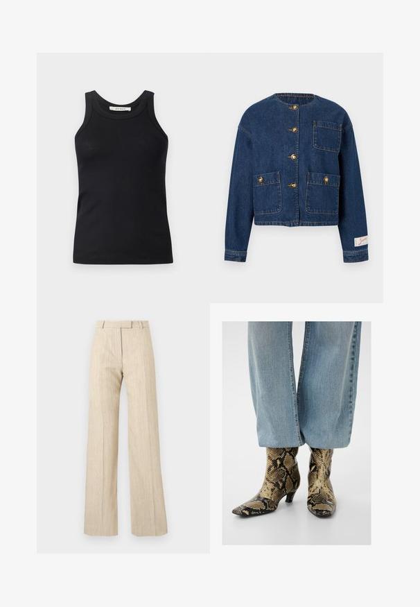 Donkerblauwe denimjas met ronde halslijn, vier gouden knopen als sluiting, drie voorzakken en een klein stoffen label op de mouwboord.; Zwarte geribbelde tanktop met een ronde halslijn en brede bandjes, gemaakt van zachte stof. Geen zichtbare patronen of hardware-details.; Beige wijde broek met hoge taille, riemlussen en plooien aan de voorkant, gemaakt van gestructureerde stof.; Blauwe spijkerbroek bedekt gedeeltelijk laarzen met een spitse neus en lage hak, met een bruin-zwarte slangenhuidprint.