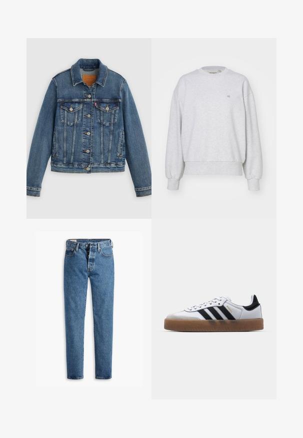 Blaue Denimjacke mit klassischem Schnitt, Knopfleiste, zwei Brusttaschen und Lederetikett. Verfügt über kontrastierende Nähte und eine leicht abgenutzte Textur.; Carhartt WIP CASEY - Sweatshirt - ash heather/silver; Hellblaue Denim-Jeans mit geradem Schnitt, fünf Taschen und klassischem Knopfverschluss. Mit orangefarbenen Nähten und einer leicht verwaschenen Textur.; Weiße Leder Sneakers mit schwarzen Streifen, Gummigummi-Außensohle, runder Zehenform, Schnürverschluss und weichem grauem Wildleder-Zehenkappe.