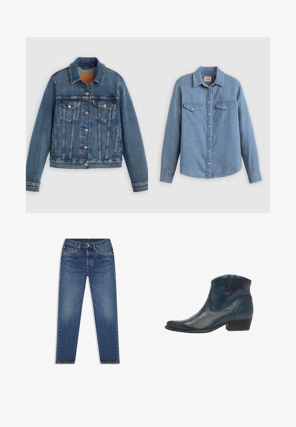 Blaue Denimjacke mit klassischem Schnitt, Knopfleiste, zwei Brusttaschen und Lederetikett. Verfügt über kontrastierende Nähte und eine leicht abgenutzte Textur.; Hellblaues Jeanshemd mit langen Ärmeln, Knopfleiste vorne, zwei Brusttaschen und klassischem Kragen. Glatte Textur und lockere Passform.; Blaue Denim-Jeans mit geradem Bein, ausgestattet mit einem Knopf- und Reißverschluss, fünf Taschen und dezenten Abnutzungserscheinungen in der Waschung.; Cowboy-Stiefel aus dunkelblauem Leder, mit spitz zulaufender Zehenpartie, geschwungenen Akzenten und einem niedrigen, gestapelten Absatz mit dezenten Nähdetails.
