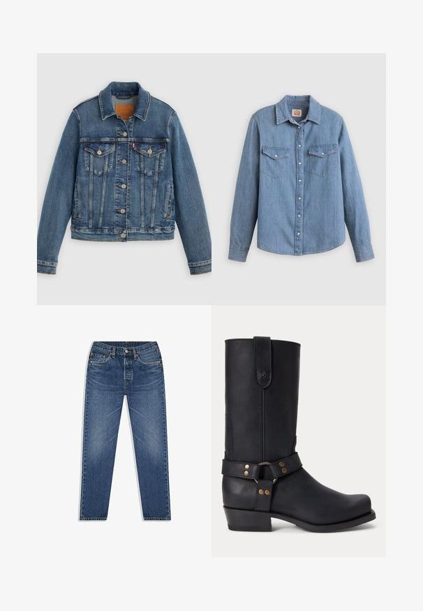 Blaue Denimjacke mit klassischem Schnitt, Knopfleiste, zwei Brusttaschen und Lederetikett. Verfügt über kontrastierende Nähte und eine leicht abgenutzte Textur.; Hellblaues Jeanshemd mit langen Ärmeln, Knopfleiste vorne, zwei Brusttaschen und klassischem Kragen. Glatte Textur und lockere Passform.; Blaue Denim-Jeans mit geradem Bein, ausgestattet mit einem Knopf- und Reißverschluss, fünf Taschen und dezenten Abnutzungserscheinungen in der Waschung.; Schwarzer Lederstiefel bis zur Mitte der Wade mit niedrigem Absatz, rundem Vorderfuß und dekorativem Riemen mit Metallnieten und Ring um den Knöchel.