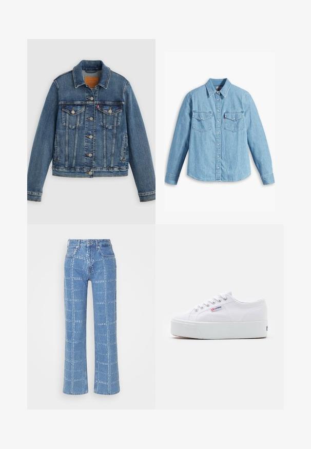 Veste en denim bleu coupe classique, boutons sur le devant, deux poches poitrine et étiquette en cuir. Présente des coutures contrastantes et une texture légèrement usée.; Chemise en denim bleu clair à manches longues, col pointu, deux poches poitrine, patte de boutonnage et texture subtile. Pas de motifs visibles.; Jean en denim bleu clair avec une coupe droite, ornés d'un motif en grille de clous argentés et d'un design classique à cinq poches.; Baskets en toile blanches avec une épaisse semelle plateforme blanche, bout rond et œillets en métal pour les lacets. Logo de la marque affiché sur le côté.