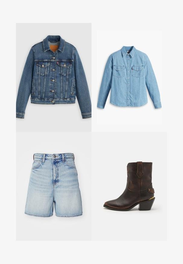Blaue Denimjacke mit klassischem Schnitt, Knopfleiste, zwei Brusttaschen und Lederetikett. Verfügt über kontrastierende Nähte und eine leicht abgenutzte Textur.; Helles blaues Denimhemd mit langen Ärmeln, spitzem Kragen, zwei Brusttaschen, Knopfleiste und subtiler Struktur. Keine sichtbaren Muster.; Hellblaue Denim-Shorts mit hoher Taille, fünf Taschen, Knopfverschluss und fransigem Saum. Glatte Textur mit verblassten Bereichen.; Braune Leder-Cowboystiefel mit spitzer Zehe und gestapeltem Absatz. Verfügt über ein dekoratives Diamantmuster und einen Riemen mit Hardware-Akzenten.