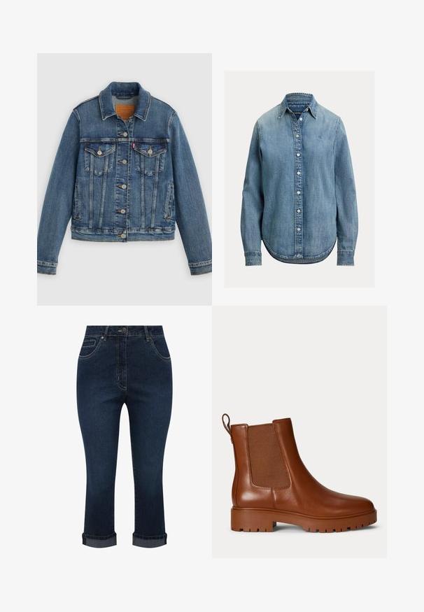 Blå denimjakke med klassisk pasform, knaplukning foran, to brystlommer og lædermærke. Har kontrast syninger og en let slidt struktur.; Lyseblå denimskjorte med lange ærmer, knaplukning foran og klassisk krave. Har en buet kant og subtil tekstur.; Mørkeblå denim korte jeans med forlommer, knaplukning og optrukne kanter.; Brun læder Chelsea-støvle med elastisk sidepanel, trækstrop ved hælen og kraftig udvendig sål.
