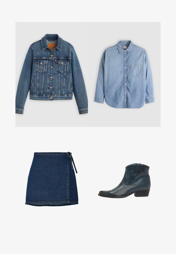 Chaqueta de mezclilla azul con corte clásico, cierre de botones, dos bolsillos en el pecho y etiqueta de cuero. Presenta costuras en contraste y una textura ligeramente desgastada.; Camisa de mezclilla azul claro con cuello abotonado, bolsillo delantero y mangas largas. Presenta un dobladillo curvado y una textura sutil.; Falda de mezclilla con diseño envolvente, de color azul oscuro y cinturilla anudada. Presenta detalles de costura a lo largo del dobladillo y la costura lateral.; Botas de cowboy hasta el tobillo, hechas de cuero azul oscuro, con punta afilada, acentos curvados y un tacón bajo apilado con sutiles detalles de costura.
