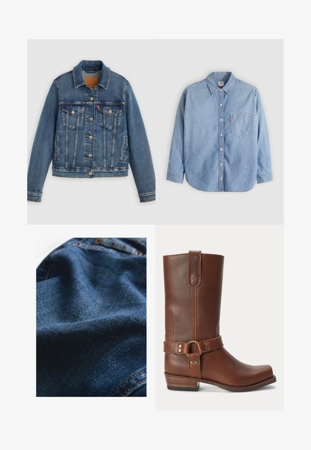 Blå denimjakke med klassisk pasform, knaplukning foran, to brystlommer og lædermærke. Har kontrast syninger og en let slidt struktur.; Lyseblå denimskjorte med button-down-krave, forlompe og lange ærmer. Har en buet kant og en subtil tekstur.; Denimstof i mørkeblå, med en glat tekstur og subtile vævningsvariationer samt kontrasterende syningsdetaljer.; Brun læder midt på læggen støvle med lavt træhæl, rund snude og dekorativ strop med metalnitter rundt om anklen.