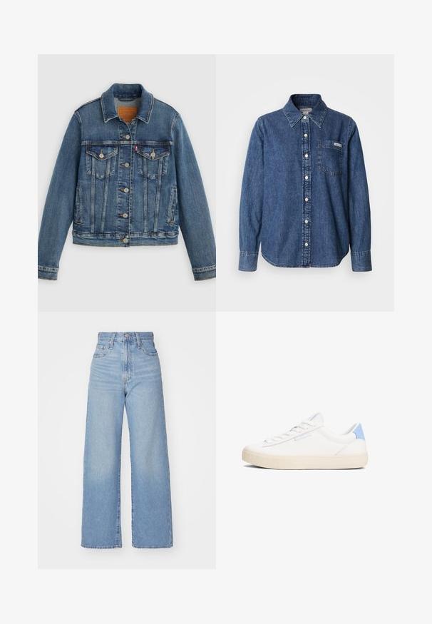 Veste en denim bleu coupe classique, boutons sur le devant, deux poches poitrine et étiquette en cuir. Présente des coutures contrastantes et une texture légèrement usée.; Chemise en denim bleu à manches longues, boutonnage avant, col, poche poitrine unique et détails de couture subtils. Texture lisse et coupe décontractée.; Jean large taille haute bleu clair avec bouton et fermeture éclair à l'avant, poches avant et arrière, sur fond blanc.; Baskets basses blanches en cuir lisse, avec des accents de talon bleu clair et une semelle texturée. Comprend six œillets et un branding minimal.