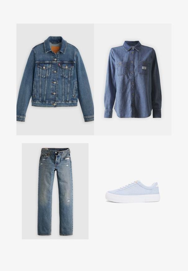 Chaqueta de mezclilla azul con corte clásico, cierre de botones, dos bolsillos en el pecho y etiqueta de cuero. Presenta costuras en contraste y una textura ligeramente desgastada.; Camisa de mezclilla azul de manga larga con cuello abotonado, dos bolsillos en el pecho, corte clásico y textura sutil. Etiqueta en el bolsillo izquierdo.; Jeans de denim azul con corte recto, que presentan detalles desgastados y parches desteñidos. La tela tiene un acabado texturizado y costuras cosidas.; Zapatilla casual de color azul claro con cordones blancos y suela blanca gruesa, vista lateral, parte superior textil y sutil logotipo dorado en el lateral.