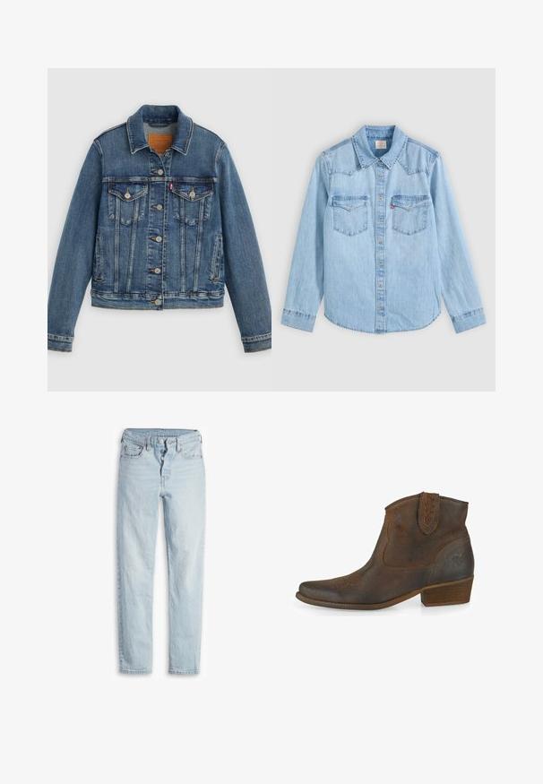 Blauwe spijkerjasje met klassieke pasvorm, knoopsluiting aan de voorkant, twee borstzakken en een leren label. Heeft contrasterende stiksels en een licht versleten textuur.; Lichtblauw denim overhemd met lange mouwen, knoopsluiting, twee borstzakken met kleppen en een klassieke puntige kraag op een grijze achtergrond.; Lichtblauwe denim jeans met een hoge taille, vijf zakken, knoopsluiting en rechte pijpen. Heeft subtiele vervagingen en een gestructureerde afwerking.; Bruine leren enkellaars met een spitse neus, decoratieve stiksels aan de voorkant en een lage gestapelde hak. Heeft een gebogen bovenkant en een reliëf logo-detail.