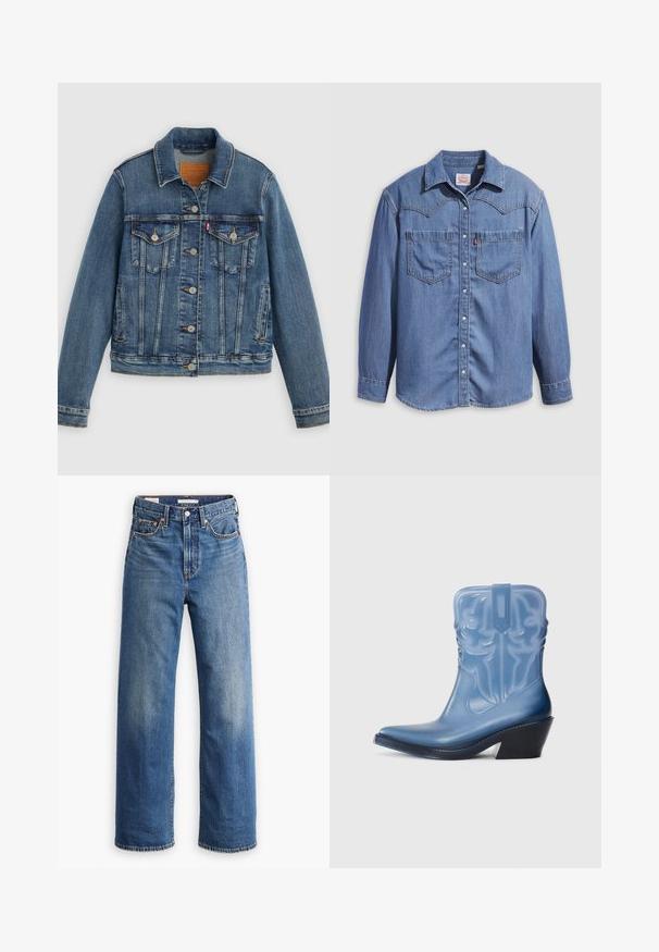 Blaue Denimjacke mit klassischem Schnitt, Knopfleiste, zwei Brusttaschen und Lederetikett. Verfügt über kontrastierende Nähte und eine leicht abgenutzte Textur.; Hellblaues Jeanshemd mit spitzem Kragen, zwei Brusttaschen und Druckknöpfen. Verfügt über ein Western-Stil Rückenpasse-Design.; Hellblaue Jeans aus Denim mit hoher Taille, weitem Bein, klassischem Fünf-Taschen-Design und subtilen Verwaschungen im Stoff.; Blauer Gummi-Cowboy-Stiefel mit spitzer Zehe, dekorativen Nähten und einem schwarzen Keilabsatz. Hoher Schaft mit strukturiertem Muster.