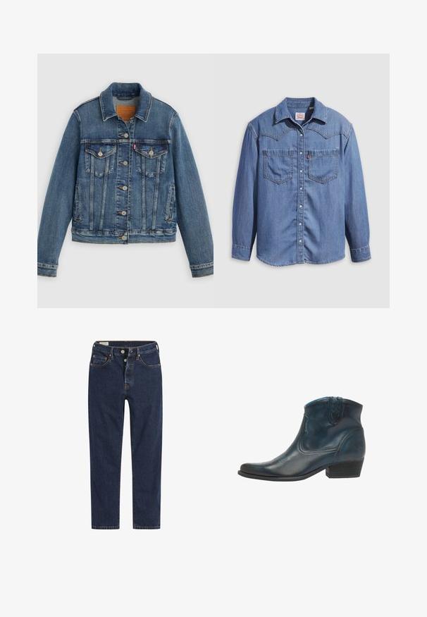 Blaue Denimjacke mit klassischem Schnitt, Knopfleiste, zwei Brusttaschen und Lederetikett. Verfügt über kontrastierende Nähte und eine leicht abgenutzte Textur.; Hellblaues Jeanshemd mit spitzem Kragen, zwei Brusttaschen und Druckknöpfen. Verfügt über ein Western-Stil Rückenpasse-Design.; Dunkelblaue Denim-Jeans mit geradem Bein, mit Kupfernähten und klassischem Fünf-Taschen-Design, Knopfverschluss und Gürtelschlaufen.; Cowboy-Stiefel aus dunkelblauem Leder, mit spitz zulaufender Zehenpartie, geschwungenen Akzenten und einem niedrigen, gestapelten Absatz mit dezenten Nähdetails.