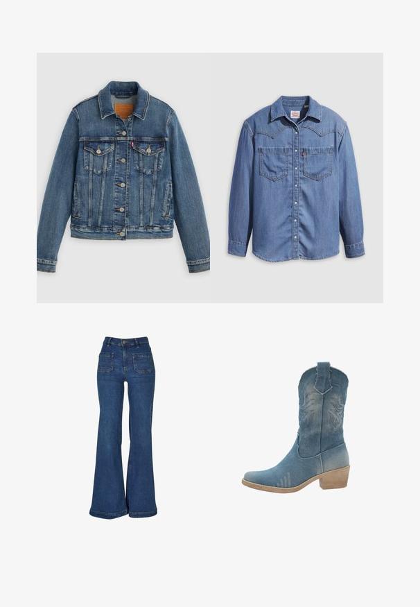 Veste en denim bleu coupe classique, boutons sur le devant, deux poches poitrine et étiquette en cuir. Présente des coutures contrastantes et une texture légèrement usée.; Chemise en denim bleu clair avec un col pointu, deux poches poitrine et des boutons-pression. Présente une coupe western avec un empiècement à l'épaule.; Jean en denim bleu taille haute avec jambes évasées larges, poches plaquées à l'avant, passants de ceinture et fermeture par bouton.; Botte de cowboy en denim bleu clair, avec des détails brodés, une légère finition vintage, et un talon en bois pour la stabilité.