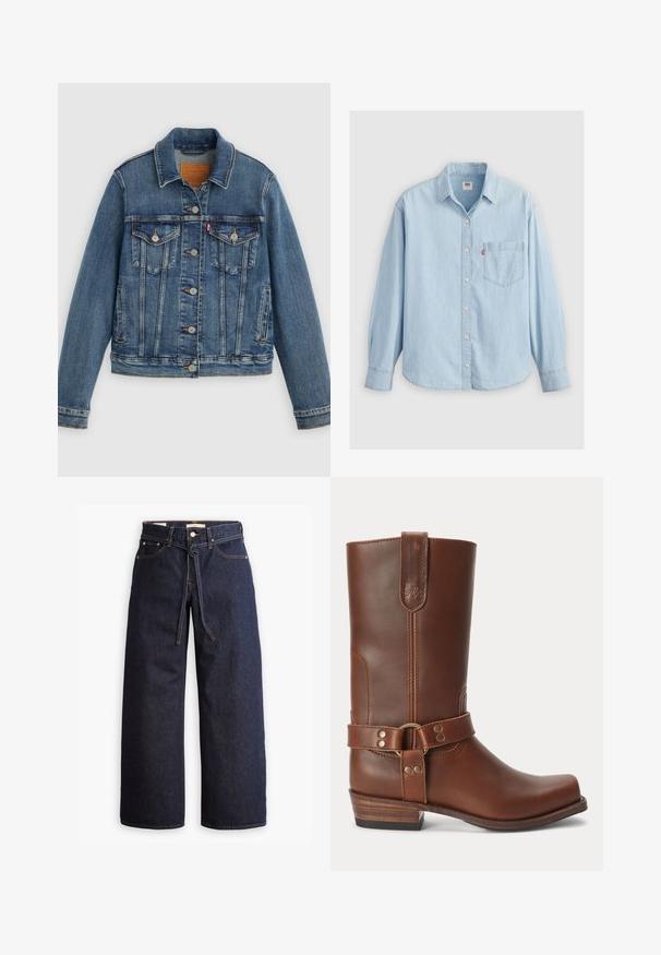Blauwe spijkerjasje met klassieke pasvorm, knoopsluiting aan de voorkant, twee borstzakken en een leren label. Heeft contrasterende stiksels en een licht versleten textuur.; Lichtblauwe spijkerblouse met een puntkraag, lange mouwen, knoopsluiting en een borstzak met een klein logo-label.; Wijd pijpjes donkerblauwe denim jeans met een hoge taille, voorzien van een trekkoord, vijf zakken en contrasterende stiksels.; Bruine leren midkuitlaars met een lage houten hak, ronde neus en een decoratieve band met metalen studs rond de enkel.