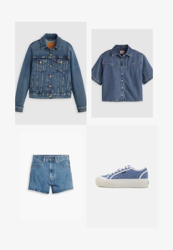 Blauwe spijkerjasje met klassieke pasvorm, knoopsluiting aan de voorkant, twee borstzakken en een leren label. Heeft contrasterende stiksels en een licht versleten textuur.; Kortemouws blauw denim overhemd met knopen, een puntige kraag en een Western-stijl inzetstuk met stikseldetail.; Lichtblauwe denimshorts met vijf zakken, een ritssluiting en een knoopsluiting. De zoom is rafelig en heeft een ontspannen pasvorm.; Blauwe canvas sneakers met witte rubberen zolen en accenten. Heeft een ronde neus, vetersluiting en een merklabel aan de zijkant.