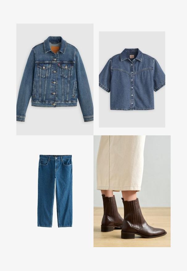 Blauwe spijkerjasje met klassieke pasvorm, knoopsluiting aan de voorkant, twee borstzakken en een leren label. Heeft contrasterende stiksels en een licht versleten textuur.; Kortemouws blauw denim overhemd met knopen, een puntige kraag en een Western-stijl inzetstuk met stikseldetail.; Blauwe spijkerbroek van denim met een geruit patroon. Heeft vijf zakken, een rits en een standaard riemlus tailleband. Ruime pasvorm, rechte pijpen.; Pavement SHANI - Lage laarzen - brown