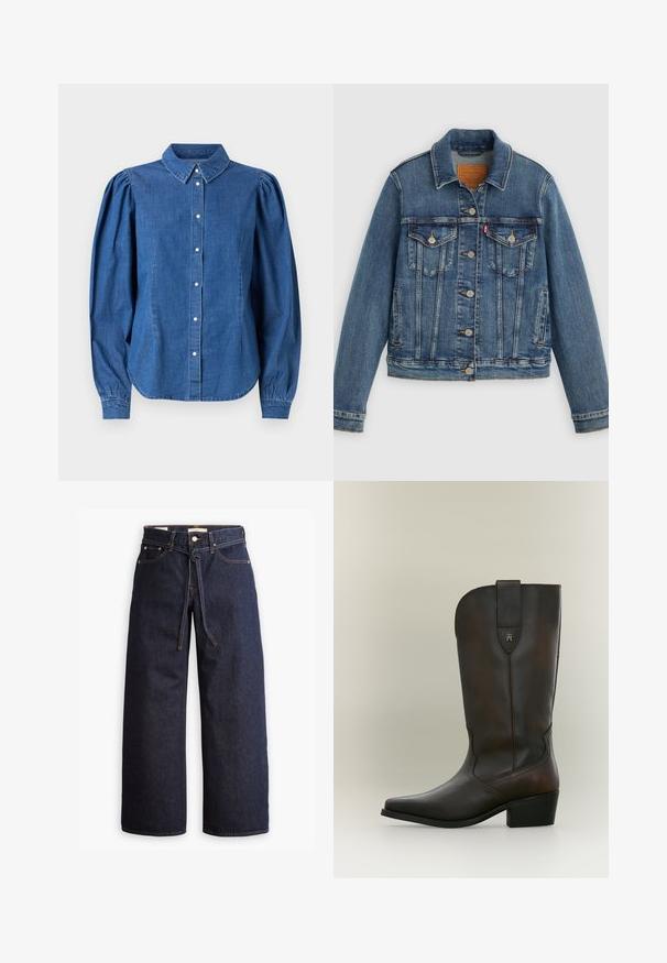 Blauwe spijkerjasje met klassieke pasvorm, knoopsluiting aan de voorkant, twee borstzakken en een leren label. Heeft contrasterende stiksels en een licht versleten textuur.; Denim shirt in een lichtblauwe kleur, met een knoopsluiting aan de voorkant en een op maat gemaakte kraag. Heeft opgezette lange mouwen en een gebogen zoom.; Wijd pijpjes donkerblauwe denim jeans met een hoge taille, voorzien van een trekkoord, vijf zakken en contrasterende stiksels.; Donkerbruine leren midkuitlaars met een lage blokhak, puntige neus en een gestikte treklus met een klein metalen logo.