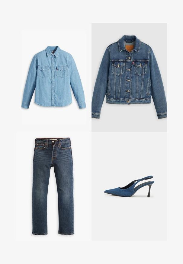 Blå denimjakke med klassisk pasform, knaplukning foran, to brystlommer og lædermærke. Har kontrast syninger og en let slidt struktur.; Lyseblå denimskjorte med lange ærmer, spidse krave, to brystlommer, knaplukning og subtil tekstur. Ingen synlige mønstre.; Mørkeblå denimjeans med lige ben. Har forlommer, knaplukning og synlige syningsdetaljer. Slidt look.; Blå denim slingback hæle med spidse tåer, prydet med en slank sort hæl og en tekstureret stofoverdel. Åben rygdesign.