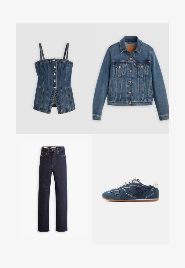 Veste en denim bleu coupe classique, boutons sur le devant, deux poches poitrine et étiquette en cuir. Présente des coutures contrastantes et une texture légèrement usée.; Top corset en denim avec bretelles ajustables, fermeture à boutons sur le devant, détails de couture verticale, poches latérales et une légère ouverture à l'avant.; Jean en denim droit bleu foncé avec cinq poches et coutures orange visibles sur un fond blanc.; Baskets décontractées en tissu denim bleu, lacets blancs, détails effilochés usés et semelle en gomme, présentées sur un fond clair uni.