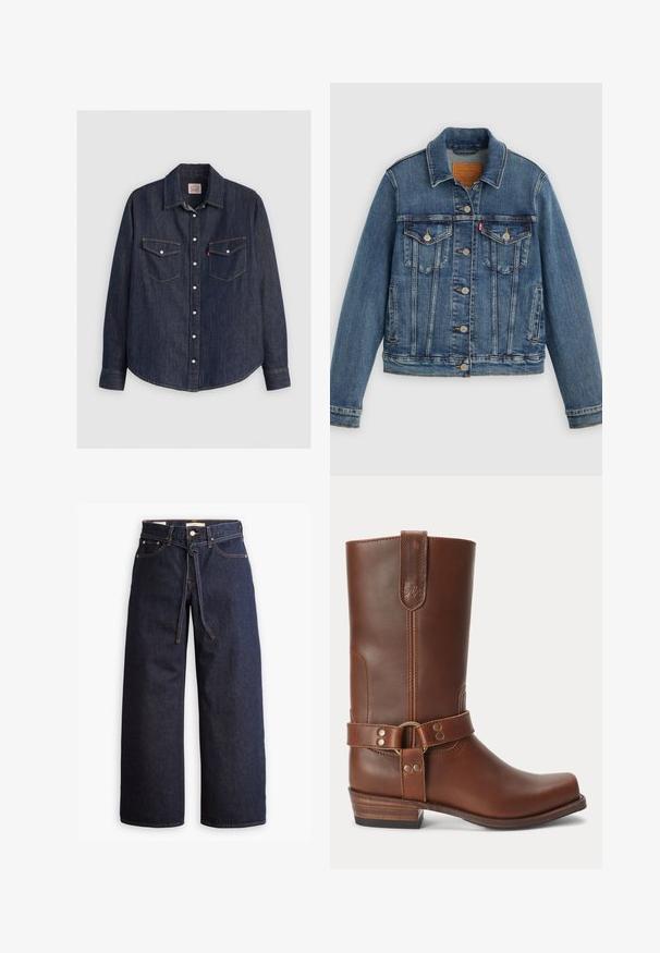 Blauwe spijkerjasje met klassieke pasvorm, knoopsluiting aan de voorkant, twee borstzakken en een leren label. Heeft contrasterende stiksels en een licht versleten textuur.; Donkerblauwe denim overhemd met lange mouwen, kraag met knopen aan de voorkant, twee borstzakken met kleppen en contrasterende gele stiksels.; Wijd pijpjes donkerblauwe denim jeans met een hoge taille, voorzien van een trekkoord, vijf zakken en contrasterende stiksels.; Bruine leren midkuitlaars met een lage houten hak, ronde neus en een decoratieve band met metalen studs rond de enkel.