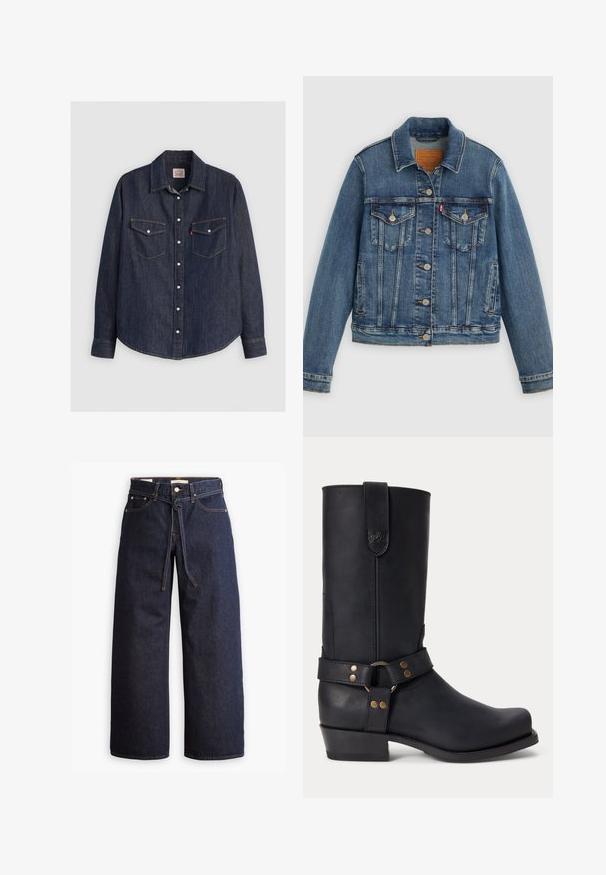 Blå denimjakke med klassisk pasform, knaplukning foran, to brystlommer og lædermærke. Har kontrast syninger og en let slidt struktur.; Mørkeblå denimskjorte med lange ærmer, knaplukning fortil, to brystlommer med klapper og kontrasterende gule sømme.; Bredde ben mørkeblå denim jeans med høj talje, der har snoretræk, fem lommer og kontrastsyet detaljer.; Sort læder mellemhøje støvler med lav hæl, rund tå og dekorativ rem med metalnitter og ring omkring anklen.