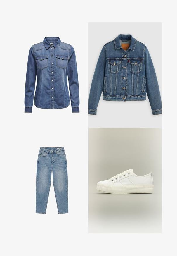 Sinine teksajakk klassikalise lõikega, eest nööpidega, kahe rinnataskuga ja nahast märgiga. Omab kontrastse õmblusega ja veidi kulunud tekstuuri.; Tumedates denim särk, millel on kaelus, pikad varrukad, kahekordsed rinnataskud ja kontrastsed õmblused.; Hele sinised teksad kõrge vöökohaga, nööbi- ja tõmblukuga, ees- ja tagataskutega ning sirge säärega.; Valge madala säärega toss paksu soonilise tallaga, eespaelade ja kanna küljes tõmblukuga, neutraalse tausta ees.