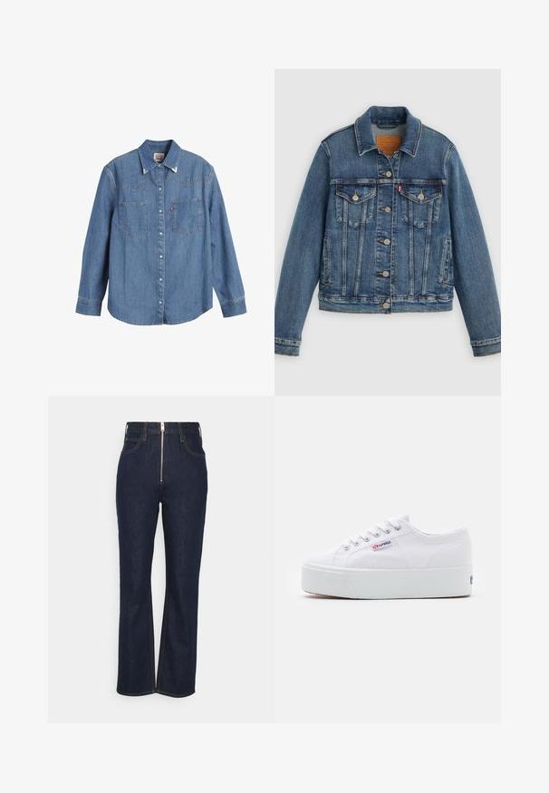 Sinine teksajakk klassikalise lõikega, eest nööpidega, kahe rinnataskuga ja nahast märgiga. Omab kontrastse õmblusega ja veidi kulunud tekstuuri.; Heledsinine denim särk pika varrukaga, terava krae, kahe rinnatasku ja kontrastsete õmblustega. Omab läänest inspireeritud kätetõusu disaini.; FRAME HIGH EXPOSED ZIP - Sirgete säärtega teksad - dark blue; Valge kangast sneaker paksu valge platvormi tossul, ümmargune nina ja metallist augud nööride jaoks. Brändi logo on küljes.