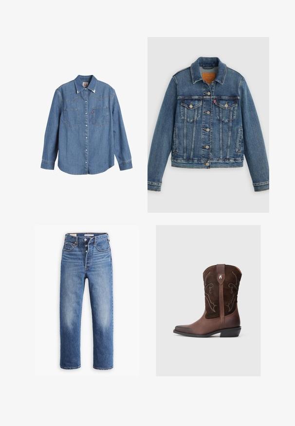 Blå denimjakke med klassisk pasform, knaplukning foran, to brystlommer og lædermærke. Har kontrast syninger og en let slidt struktur.; Lys blå denimskjorte med lange ærmer, spids krave, to brystlommer og kontraststing. Har et western-inspireret yoke-design.; Blå denim jeans med høj talje, lige ben og udtværede områder. Har forlommer og metalbeslag.; Brun lædercowboystøvle med en tekstureret overdel i ruskind, detaljeret hvid syning, spids tå og en lav blokhæl.