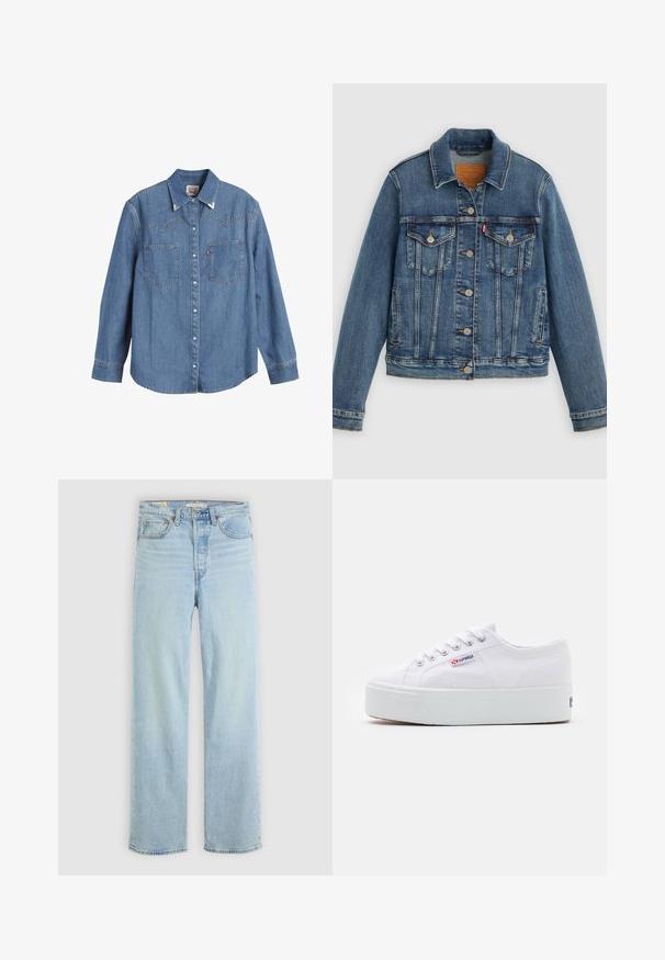 Blaue Denimjacke mit klassischem Schnitt, Knopfleiste, zwei Brusttaschen und Lederetikett. Verfügt über kontrastierende Nähte und eine leicht abgenutzte Textur.; Hellblaues Denim-Hemd mit langen Ärmeln, spitzem Kragen, zwei Brusttaschen und kontrastierenden Nähten. Verfügt über ein Design mit Westernstil-Yoke.; Hellblaue Jeans aus Denim mit geradem Bein, ausgestattet mit fünf Taschen, einem klassischen Reißverschluss und sichtbaren Nähthighlights.; Weiße Leinenschuhe mit einer dicken weißen Plattformsohle, runder Zehenpartie und Metallösen für die Schnürsenkel. Markenlogo an der Seite angebracht.