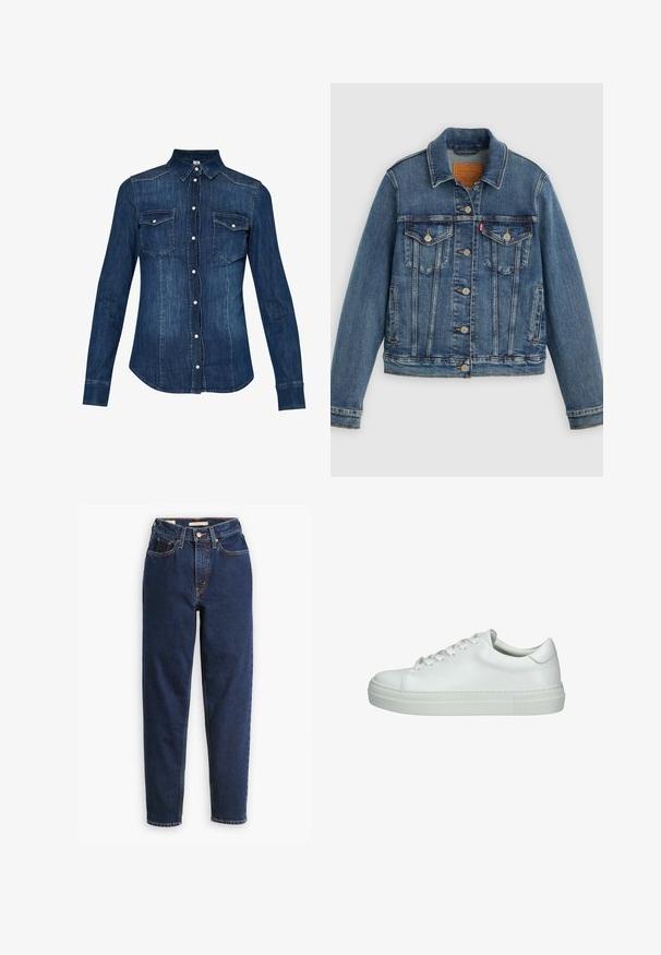 Veste en denim bleu coupe classique, boutons sur le devant, deux poches poitrine et étiquette en cuir. Présente des coutures contrastantes et une texture légèrement usée.; Chemise en denim bleu foncé, avec une fermeture à boutons à l'avant, un col pointu et deux poches sur la poitrine avec rabat. Manches longues avec poignets boutonnés.; Jean en denim bleu foncé avec une taille haute, un design à cinq poches et des jambes droites. Couture contrastée et fermeture à boutons.; Baskets blanches en cuir avec une texture lisse, bout arrondi, semelle en caoutchouc plate et six œillets pour les lacets. Design minimaliste sans accents supplémentaires.
