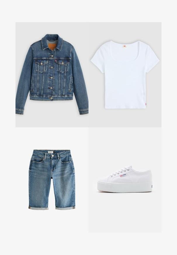 Blaue Denimjacke mit klassischem Schnitt, Knopfleiste, zwei Brusttaschen und Lederetikett. Verfügt über kontrastierende Nähte und eine leicht abgenutzte Textur.; Weiße kurzärmelige Bluse mit quadratischem Ausschnitt, aus geripptem Stoff. Mit einem kleinen roten Logoschild auf der unteren linken Seite.; Blaue Jeans-Shorts in knielanger Ausführung mit umgeschlagenem Saum, fünf Taschen und einem Metallknopfverschluss. Der Stoff hat ein leicht verblasstes Aussehen.; Weiße Leinenschuhe mit einer dicken weißen Plattformsohle, runder Zehenpartie und Metallösen für die Schnürsenkel. Markenlogo an der Seite angebracht.