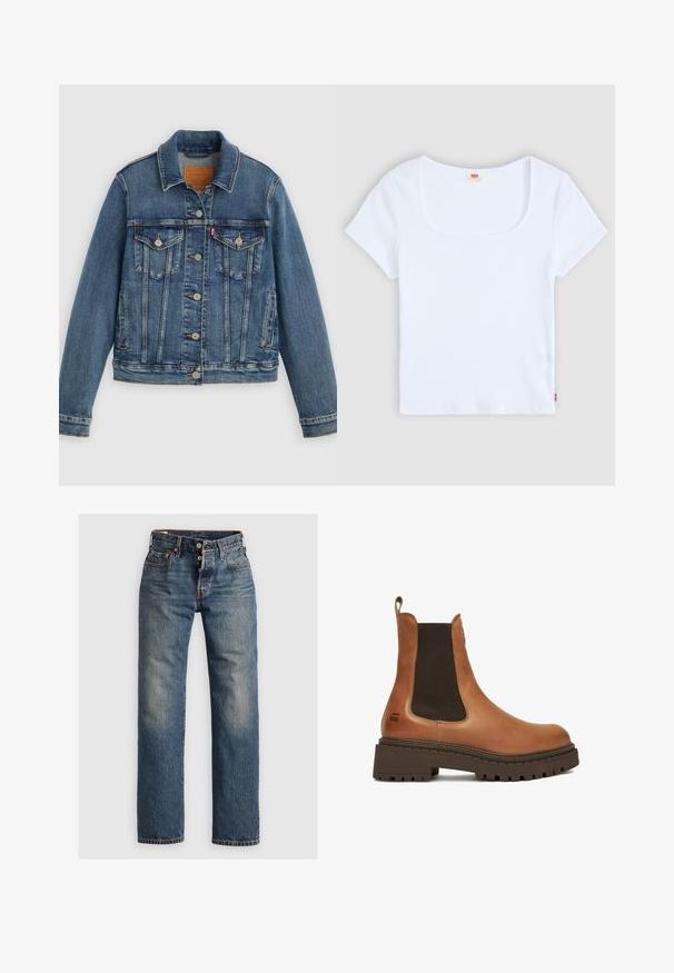 Blaue Denimjacke mit klassischem Schnitt, Knopfleiste, zwei Brusttaschen und Lederetikett. Verfügt über kontrastierende Nähte und eine leicht abgenutzte Textur.; Weiße kurzärmelige Bluse mit quadratischem Ausschnitt, aus geripptem Stoff. Mit einem kleinen roten Logoschild auf der unteren linken Seite.; Blaue Denim-Jeans mit geradem Bein, ausgestattet mit sichtbaren Nähten, einem Reißverschluss und fünf Taschen. Ausgewaschene Stellen sorgen für Textur.; Brauner Leder-Chelsea-Stiefel mit dicker schwarzer Gummisohle und elastischen Seitenteilen, mit Zuglasche hinten.