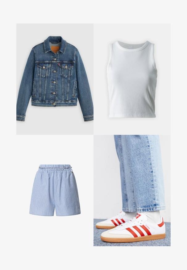 Blaue Denimjacke mit klassischem Schnitt, Knopfleiste, zwei Brusttaschen und Lederetikett. Verfügt über kontrastierende Nähte und eine leicht abgenutzte Textur.; Weißes, geripptes Tanktop mit runder Ausschnittform und ärmellosem Design, ausgestattet mit einem geraden Saum und einer glatten, dehnbaren Textur.; Gestreifte blaue Shorts mit einem elastischen Taillenbund und geflochtenem Kordelzug. Verfügt über vertikale weiße Streifen und ein entspanntes Design.; Weiße Leder Sneaker mit roten Streifen und Akzenten. Verfügt über eine strukturierte Gummi-Laufsohle und einen gepolsterten Schaft. Tragen mit hellblauer Jeans.