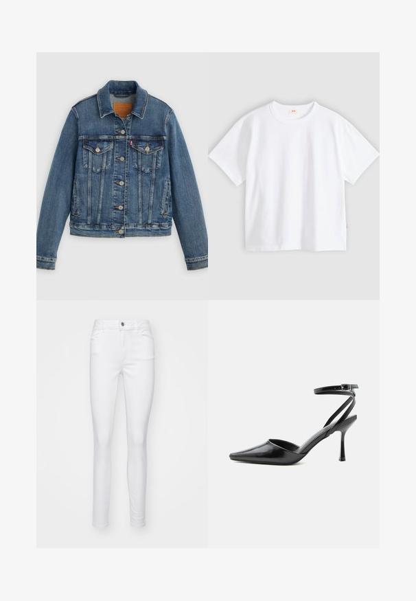 Blaue Denimjacke mit klassischem Schnitt, Knopfleiste, zwei Brusttaschen und Lederetikett. Verfügt über kontrastierende Nähte und eine leicht abgenutzte Textur.; Weißes Baumwoll-T-Shirt mit kurzen Ärmeln, rundem Ausschnitt, lockerer Passform, glatter Textur und einem kleinen Logetikett an der linken Seitennaht.; Weiße, schmale Jeans aus Jeansstoff, mit einem Vorderknopfverschluss, fünf Taschen und einer glatten Textur des Stoffes.; Schwarzer spitzer High Heel mit dünnen Knöchelriemen und silberner Schnalle auf einfachem hellem Hintergrund.