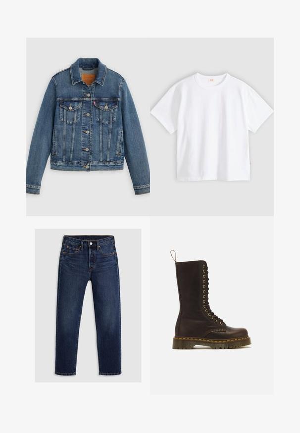 Blå denimjakke med klassisk pasform, knaplukning foran, to brystlommer og lædermærke. Har kontrast syninger og en let slidt struktur.; Hvid bomuld t-shirt med korte ærmer, rund hals, afslappet pasform, glat tekstur og en lille logolabel på venstre sidesøm.; Mørkeblå denimbukser med lige ben-design. Har en lynlås og knaplukning, fem lommer og kontrasterende syninger.; Høj mørkebrun læder snørestøvle med gule syninger, tyk rillede sål og trækstrop bagpå.