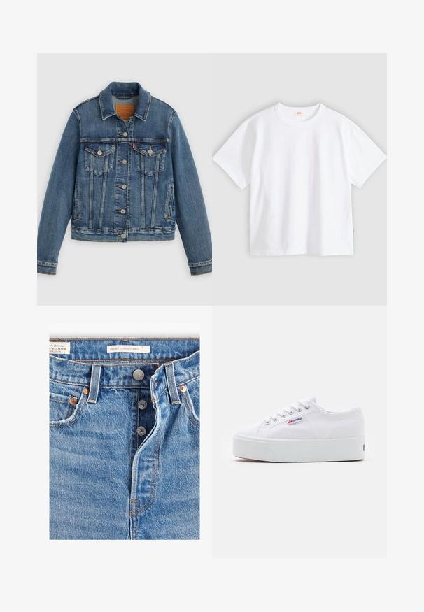 Blauwe spijkerjasje met klassieke pasvorm, knoopsluiting aan de voorkant, twee borstzakken en een leren label. Heeft contrasterende stiksels en een licht versleten textuur.; Wit katoenen t-shirt met korte mouwen, ronde hals, losse pasvorm, gladde textuur en een klein logolabel aan de linker zijnnaad.; Lichtblauwe spijkerbroek met een rechte enkelafwerking. Bevat vijf zakken, twee metalen knopen en zichtbare oranje stiksels. Labels aanwezig.; Witte canvas sneaker met een dikke witte platformzool, ronde neus en metalen oogjes voor veters. Merkl logo aan de zijkant weergegeven.