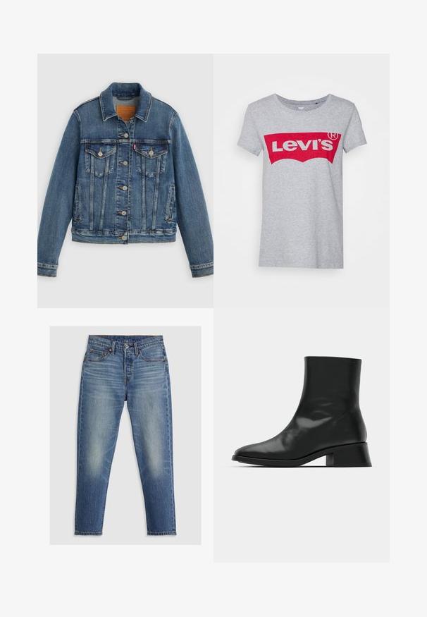 Blå denimjakke med klassisk pasform, knaplukning foran, to brystlommer og lædermærke. Har kontrast syninger og en let slidt struktur.; Grå bomulds t-shirt med et stort rødt Levi's-logo på tværs af brystet, med en klassisk rund halsudskæring og korte ærmer.; Lyseblå denim jeans med lige pasform, fem lommer, knaplukning og diskret falming på lårene. Kontraststing er synlige.; Sort ankelstøvle lavet af blank læder, med et strømlinet design, spids tå og en moderat blokhælhøjde for stabilitet.
